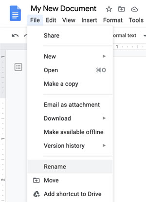 Google Docs File menu rename