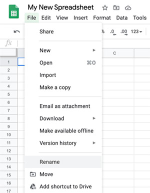 Google Sheets File menu rename