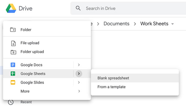 My Drive create new spreadsheet