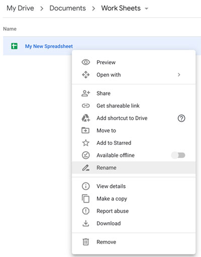 Right click rename sheet