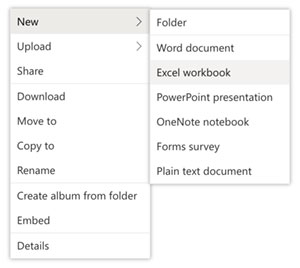 Right click for New Excel workbook