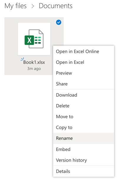 Right click rename Excel workbook