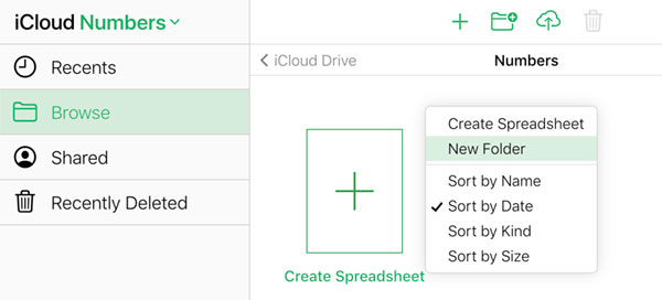 iCloud Numbers create new folder