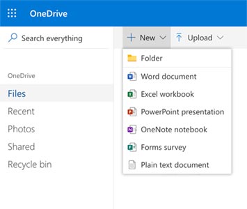 Microsoft OneDrive Main Menu